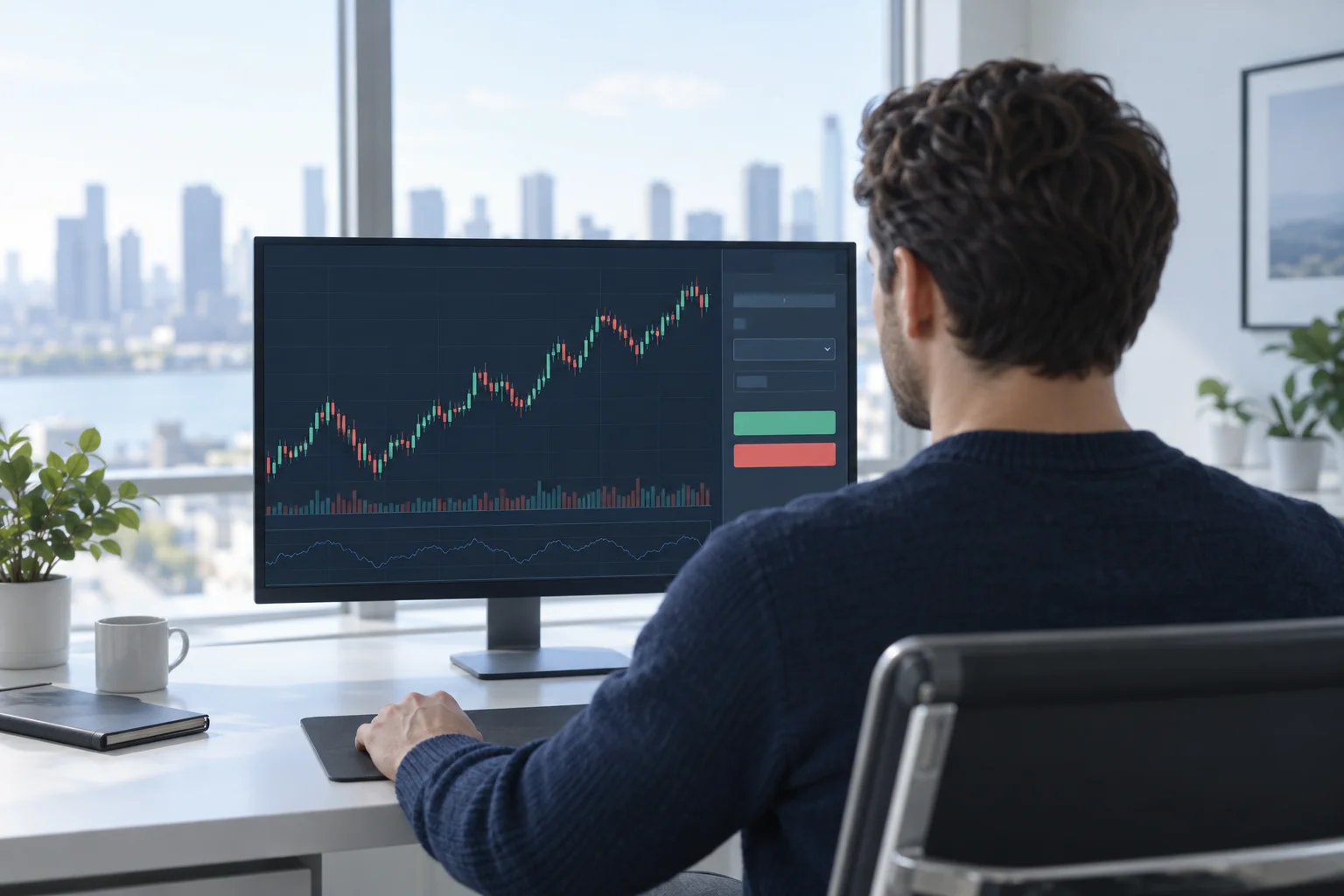 Best prop firms that use TradeLocker: a trader at a desk viewing a clean web-based trading platform chart and order panel