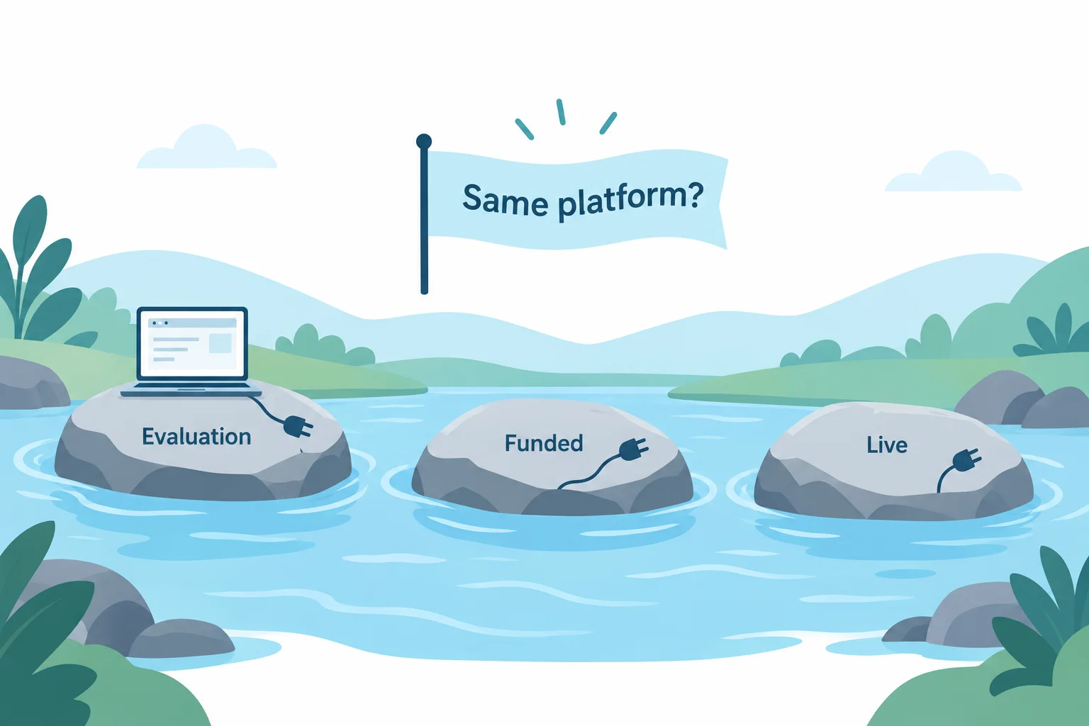Prop firms that use Tradovate: three stepping stones labeled Evaluation, Funded and Live crossing a stream, each carrying the same platform connection, with a flag reading Same platform?