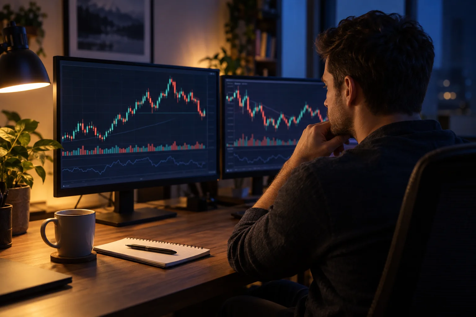Prop firms that use Tradovate: a trader at a desk with candlestick charts on two monitors, checking a platform route before funding
