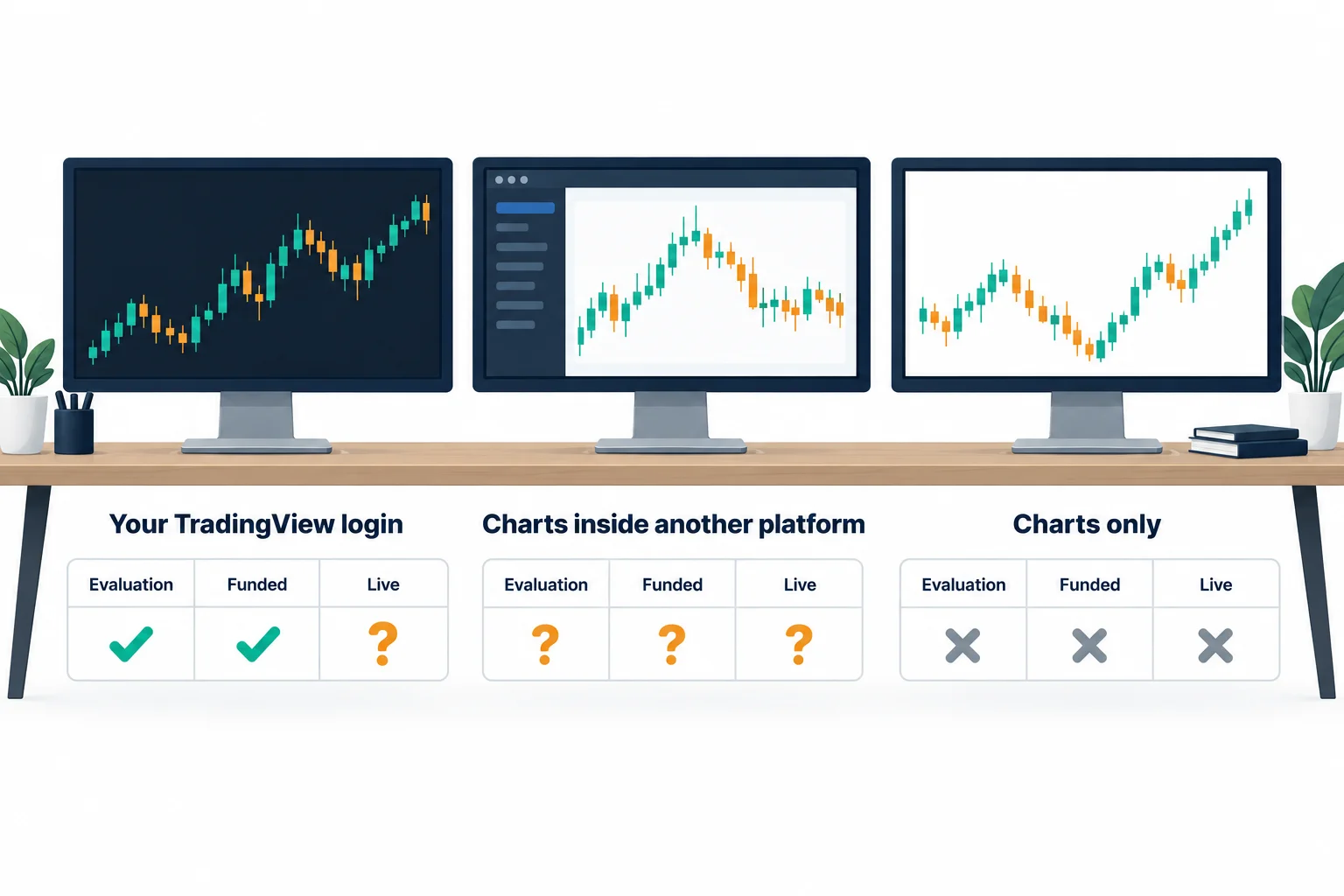Three ways prop firms that use TradingView work: your TradingView login, charts inside another platform, and charts only, marked for Evaluation, Funded and Live