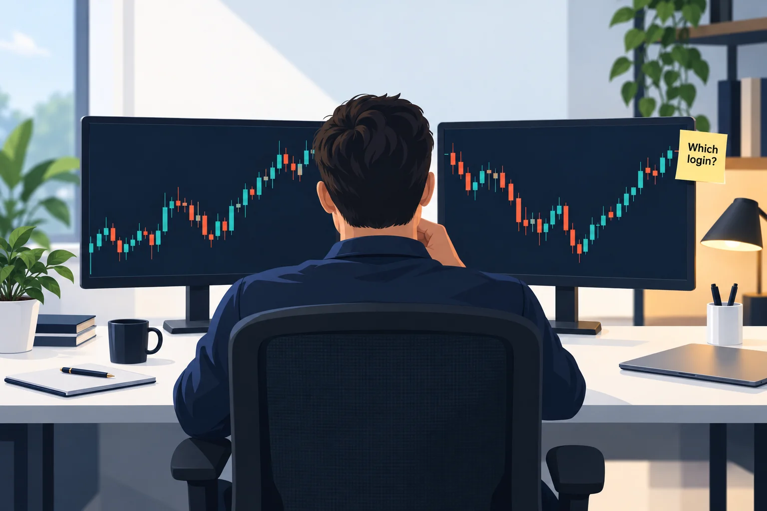 Prop firms that use TradingView: a trader at a desk with candlestick charts on two monitors and a sticky note reading Which login?
