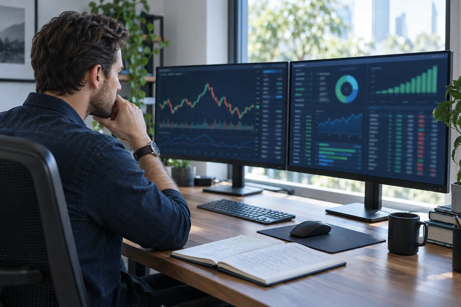 Prop firms with built-in journals and analytics dashboards, with a trader reviewing blurred charts and a notebook