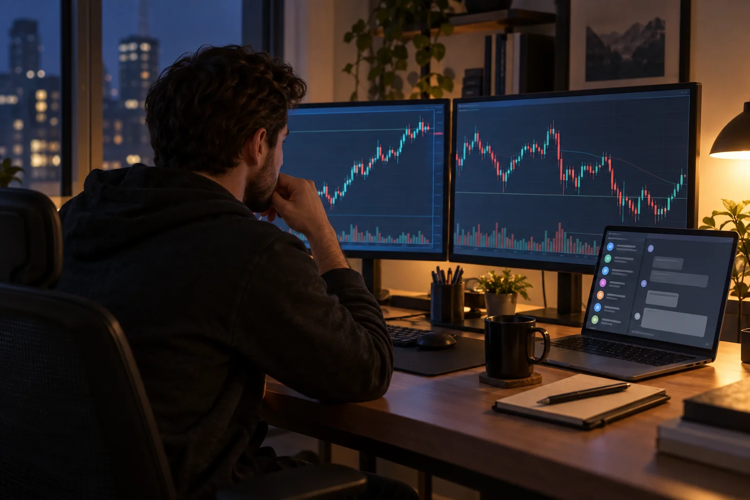 Prop firms with Discord servers: a trader at a desk at night with candlestick charts on two monitors and a community chat window open on a laptop