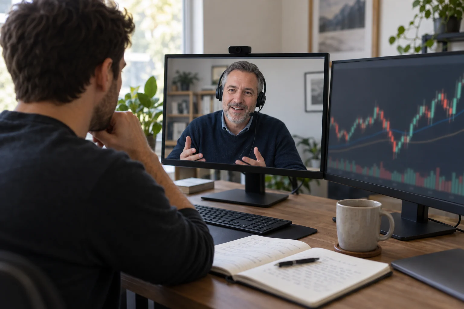Best prop firms with education and mentorship: a trader at a home desk on a video call with a trading coach, charts on a second screen