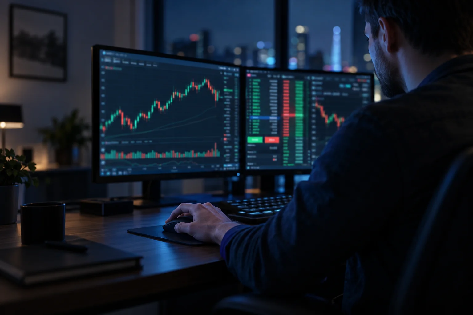 Best prop firms with the fastest execution: a trader clicking to place an order on a fast trading screen at night