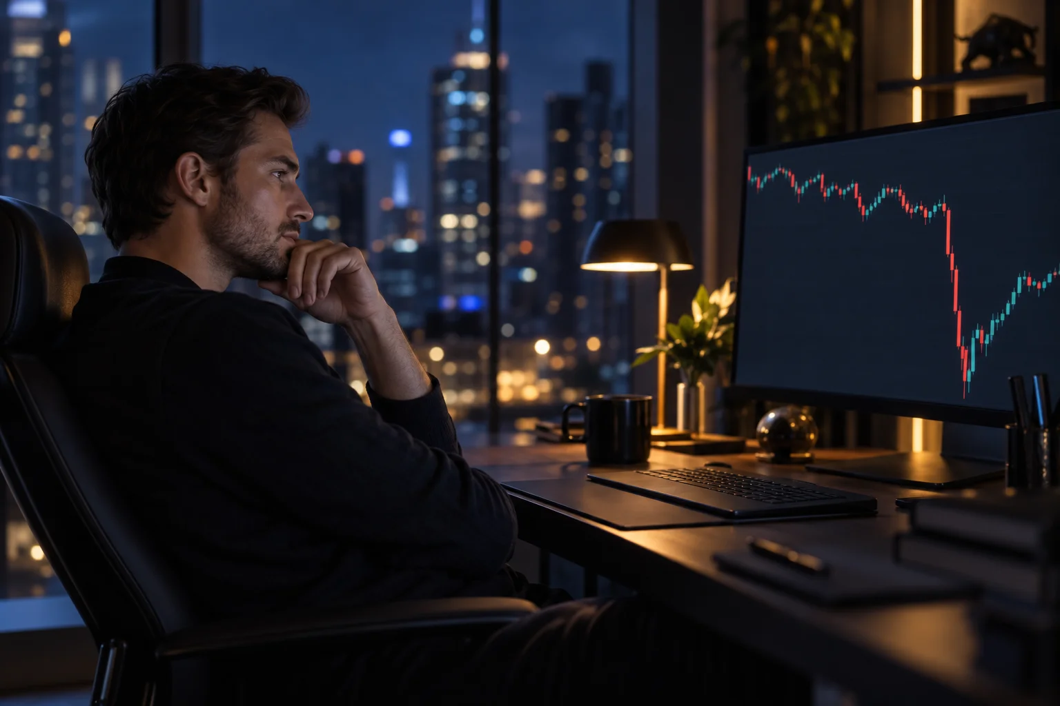 Best prop firms with highest drawdown allowance: a trader at night watching an open losing trade on a single chart