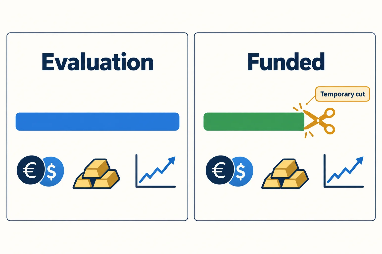 Prop firm leverage on evaluation vs funded accounts: a long evaluation bar beside a shorter funded bar with a temporary cut, over forex, gold and index icons