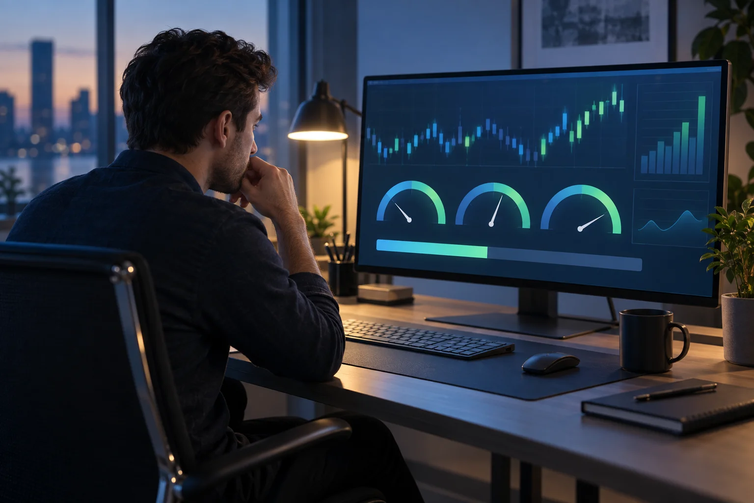 Prop firms with the highest leverage: a trader at a desk at dusk studying a margin panel with three gauge dials on a large monitor