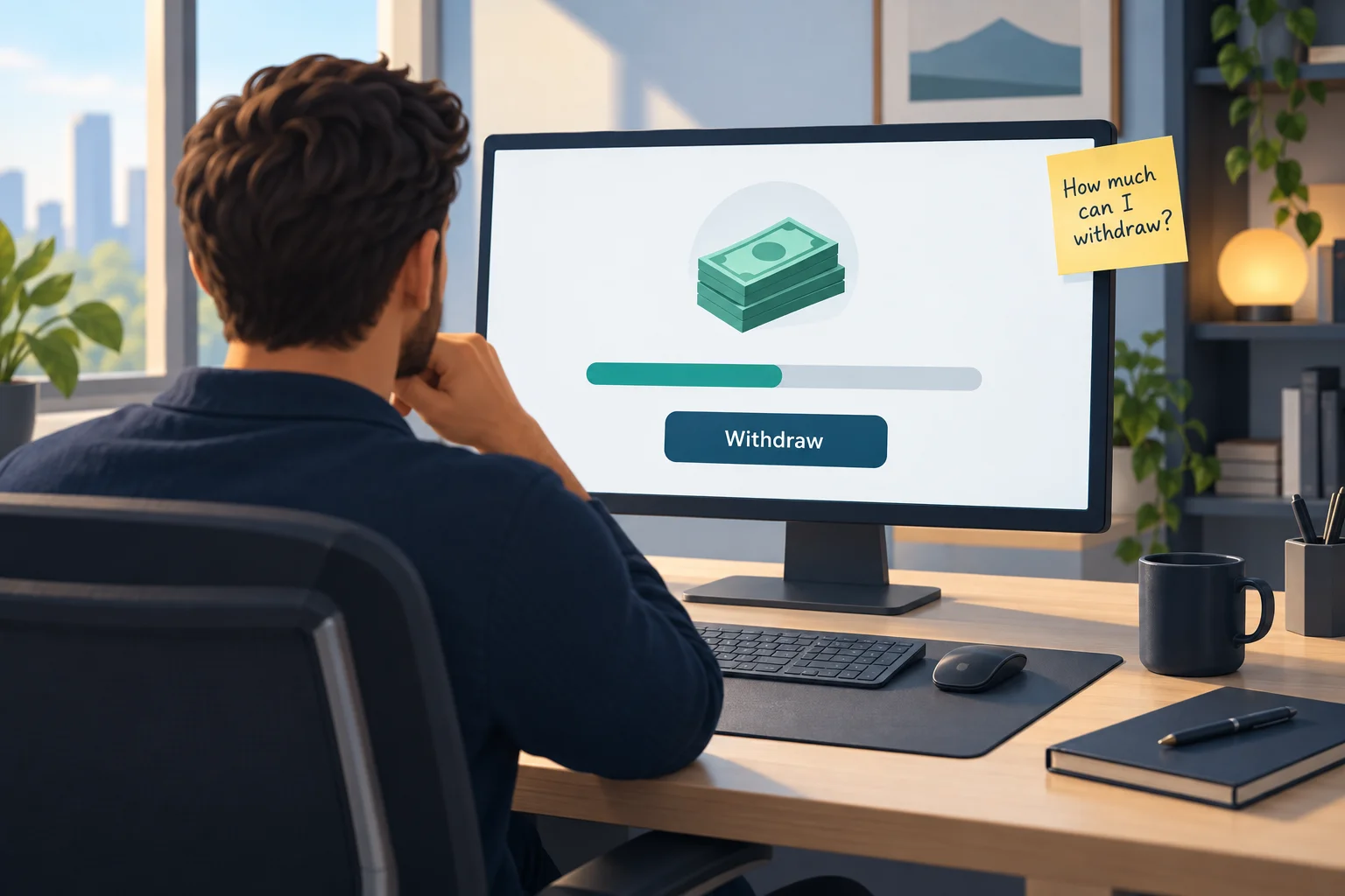 Best payout prop firms guide: a trader at a desk looks at a withdrawal screen with a cash icon, a progress bar and a sticky note asking how much can I withdraw
