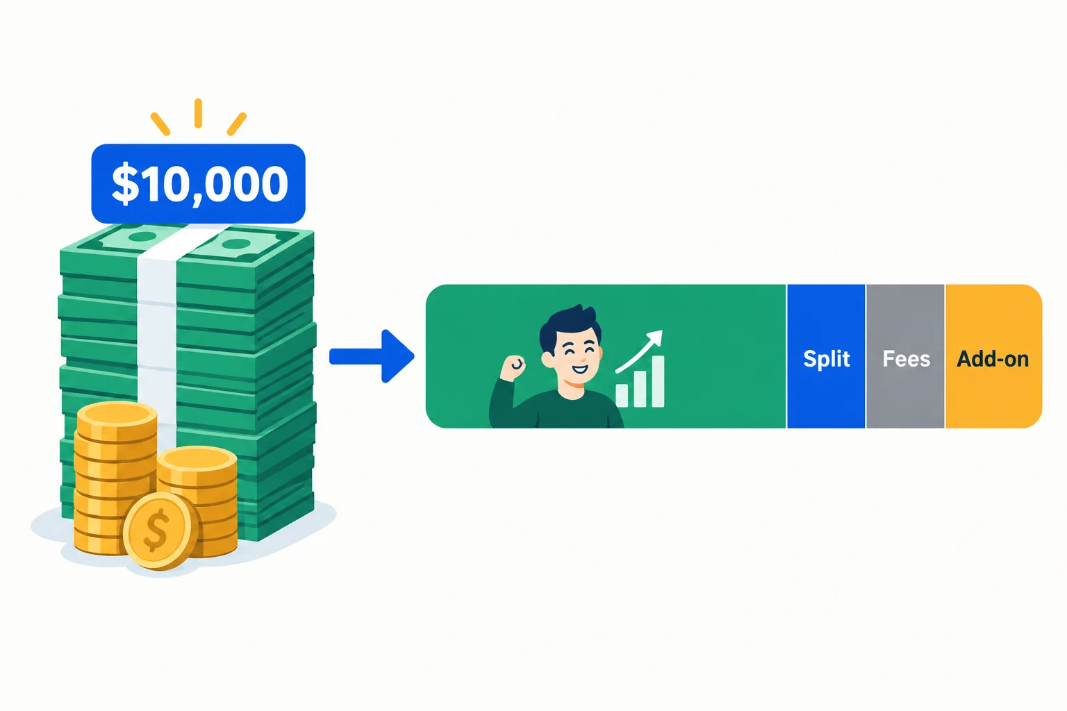 Highest profit split explained: a $10,000 profit stack divided into a large trader share and small slices for split, fees and add-on