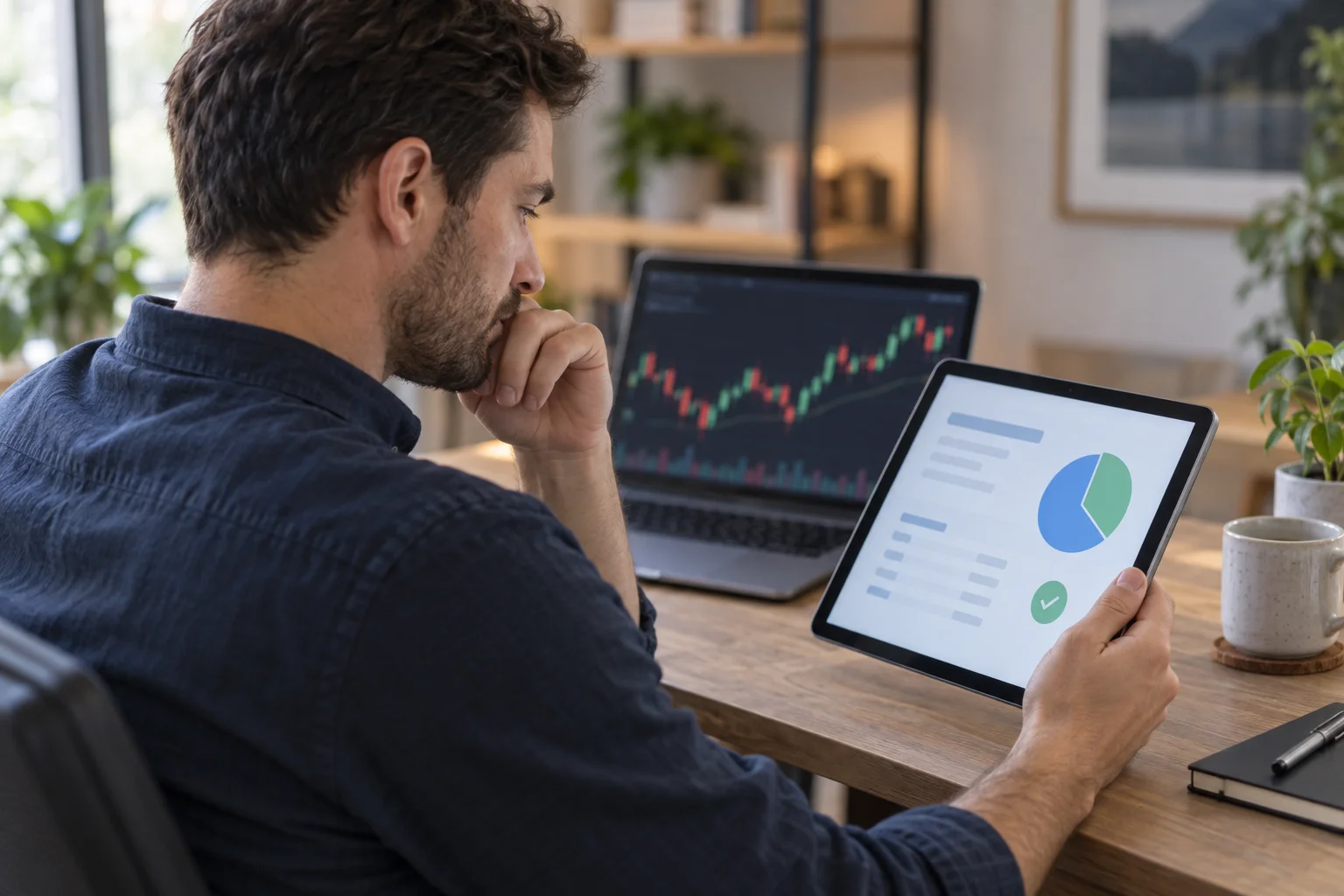Best prop firms with highest profit split: a trader reviews a payout statement and split chart on a tablet at a home desk