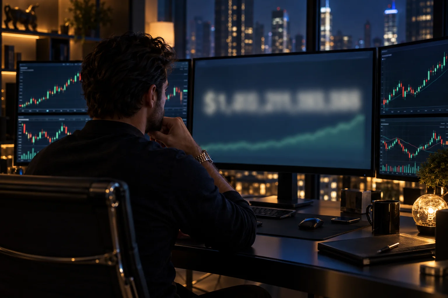 Prop firms with the largest account sizes: a trader at a desk looking at a huge, blurred account balance figure on screen
