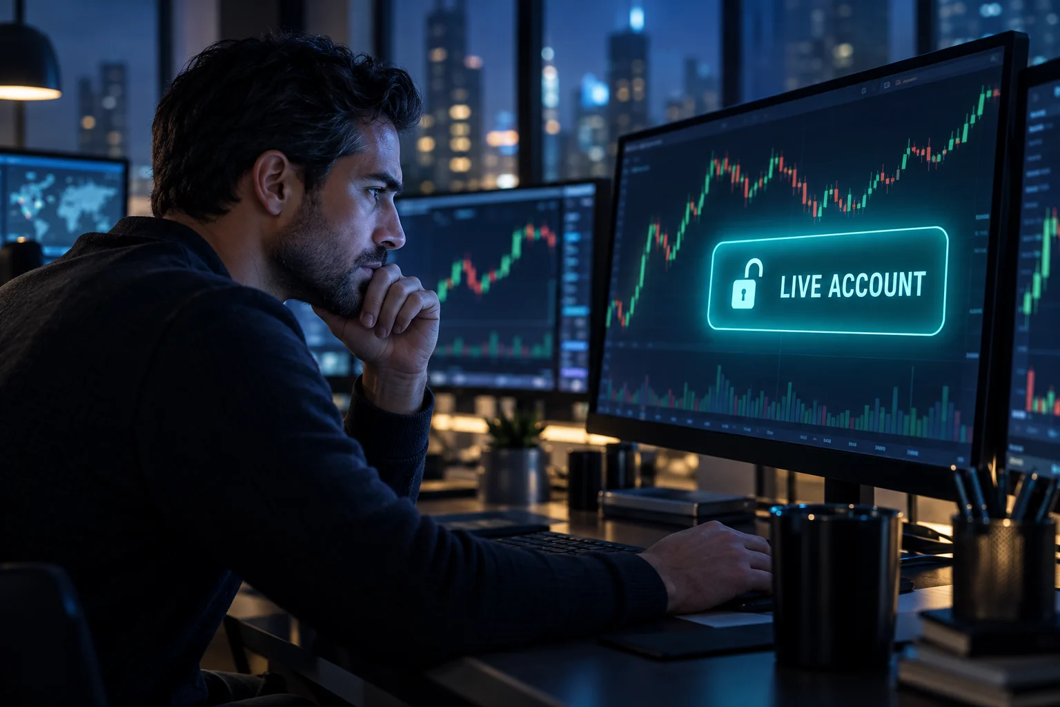 Prop firms with real money: a futures trader at a desk at night looking at a live account badge on screen