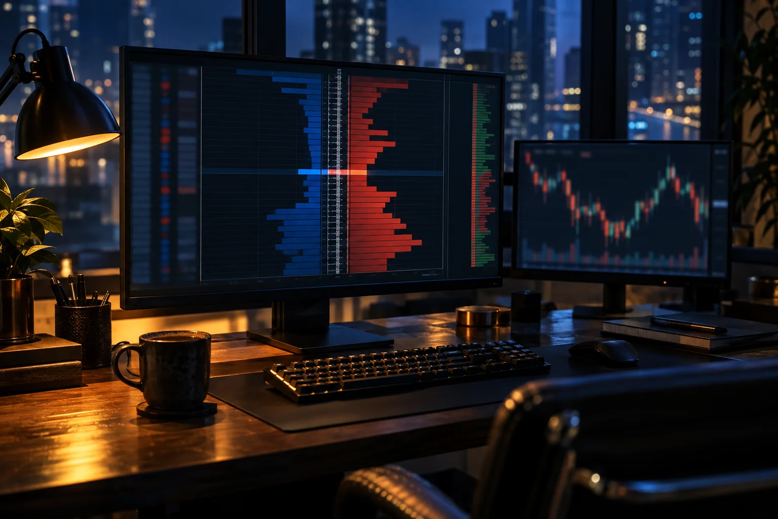 Best prop firms with the lowest spreads and commissions: a trader's desk at night with a bid ask price ladder on the monitor