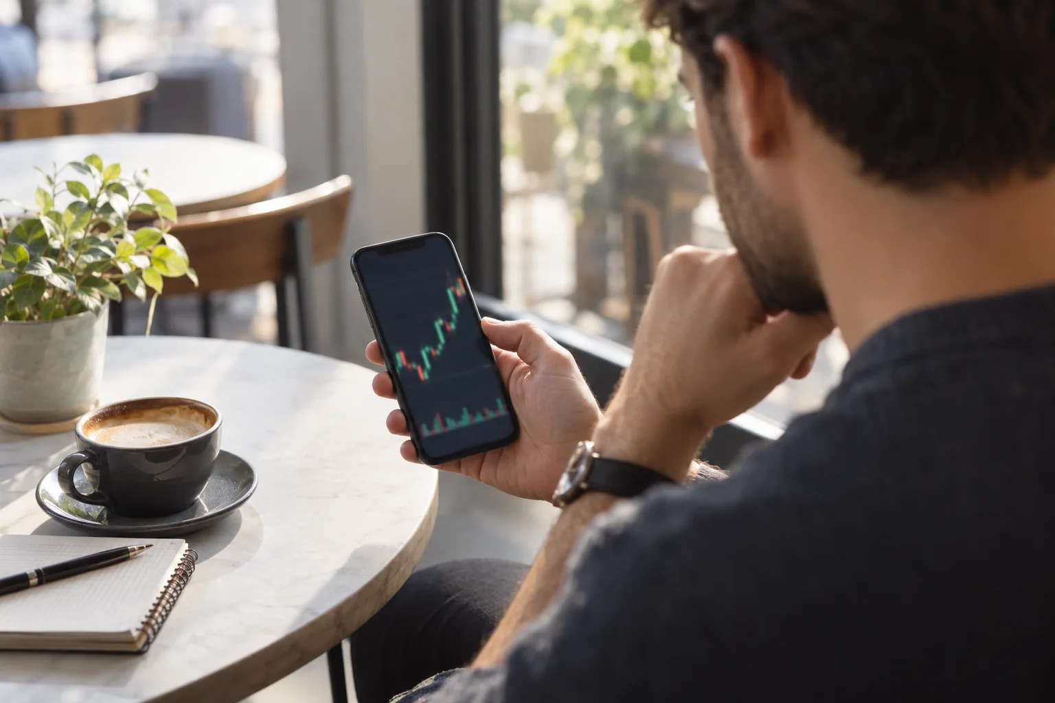 Prop firms that allow mobile trading: a trader at a cafe table checking an open position on a smartphone