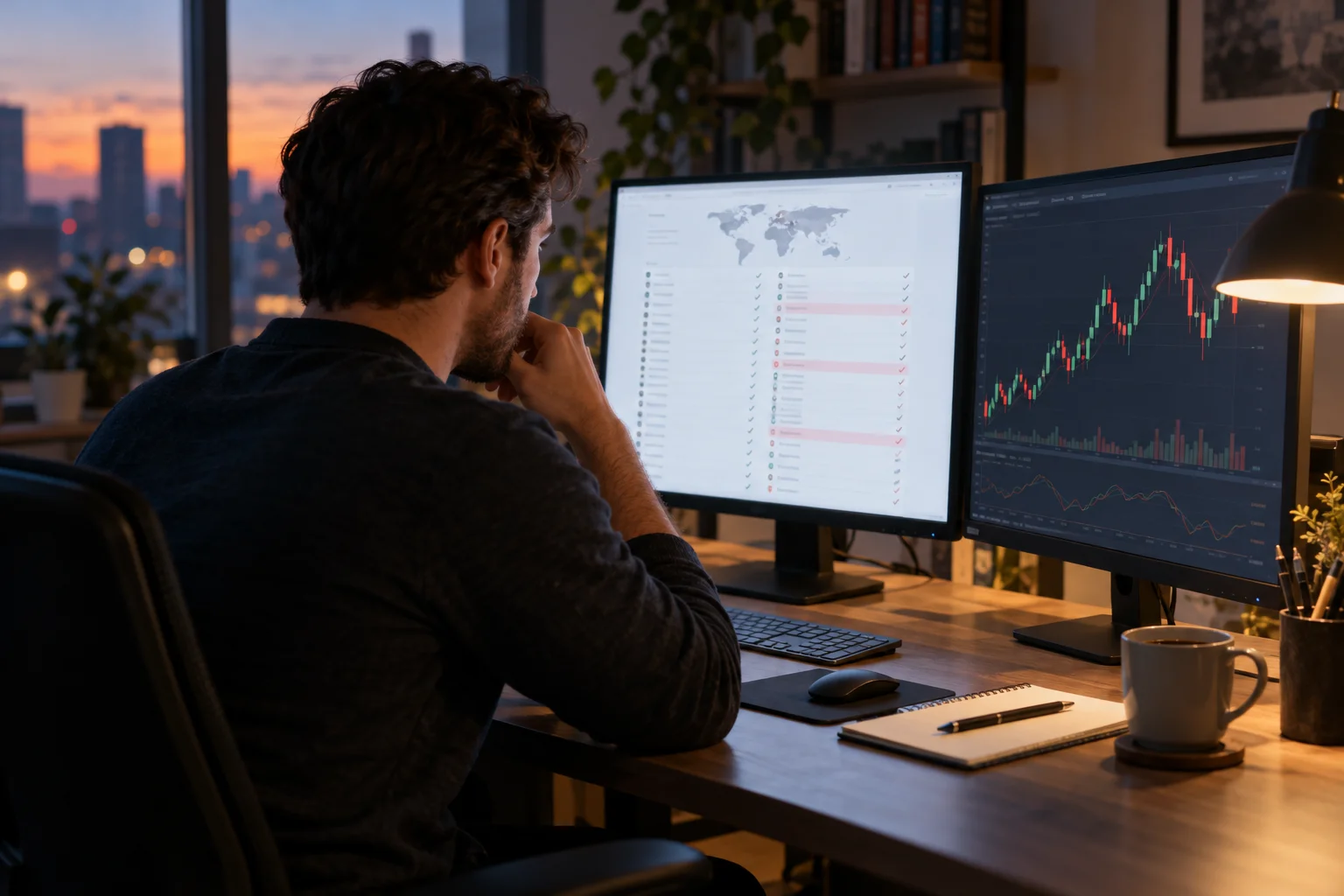 Prop firms with no country restrictions: a trader at a desk at dusk checking a long country list on screen, with a chart on a second monitor