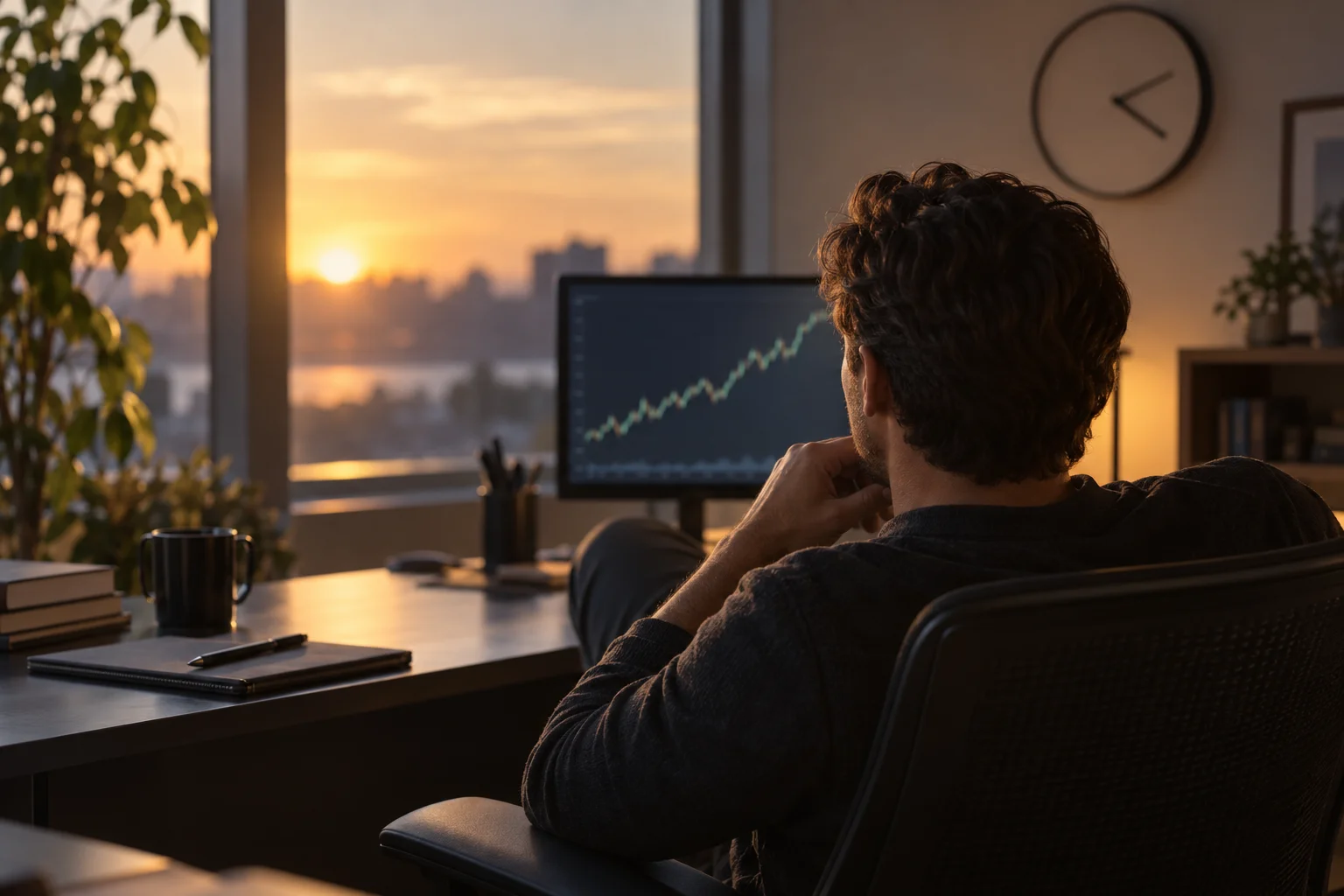 Prop firms with no daily loss limit: a trader at a desk at the end of the trading day with a simple equity line on one monitor, late-afternoon light
