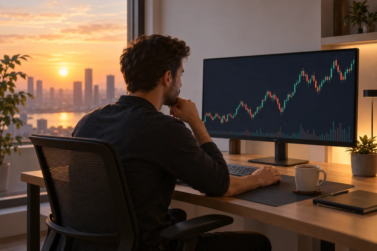 A trader reviewing candlestick charts at a quiet desk at sunrise, illustrating a prop firm evaluation checked for its real minimum trading days