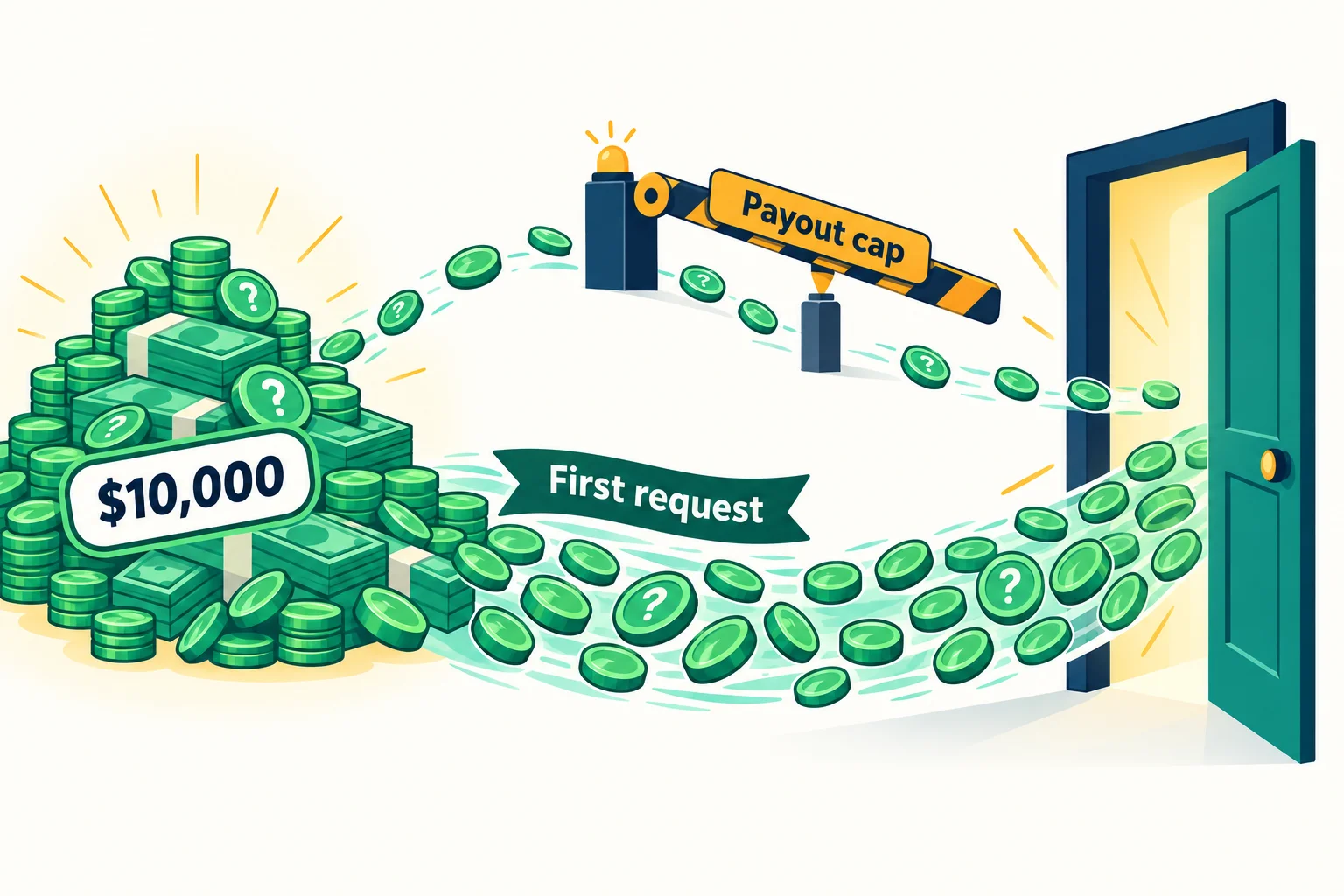 Prop firms with no payout cap explained: a $10,000 win flows to a payout door, part of it held by a payout cap barrier, the rest released in the first request
