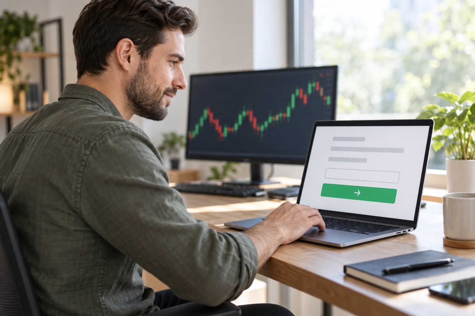 Prop firms with no payout cap: a trader requests a withdrawal on a laptop with a blank form and a green send button
