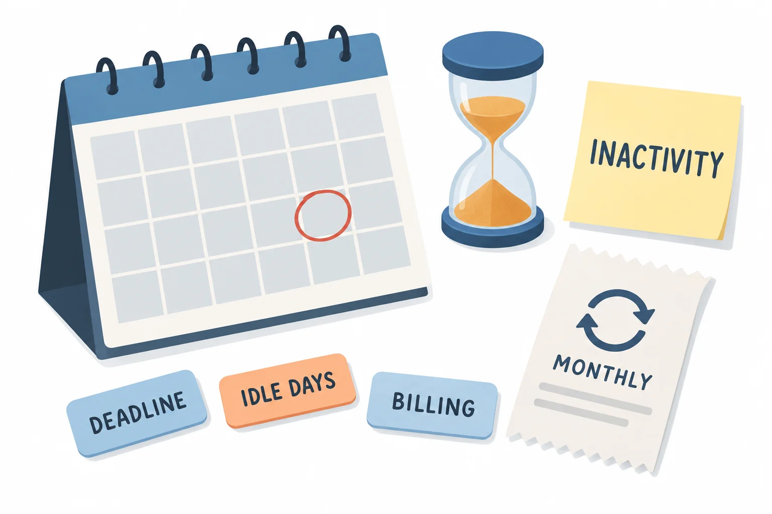 What replaces a prop firm evaluation deadline: a calendar, an hourglass, and tags for deadline, idle days and billing, next to an inactivity note and a monthly rebill receipt