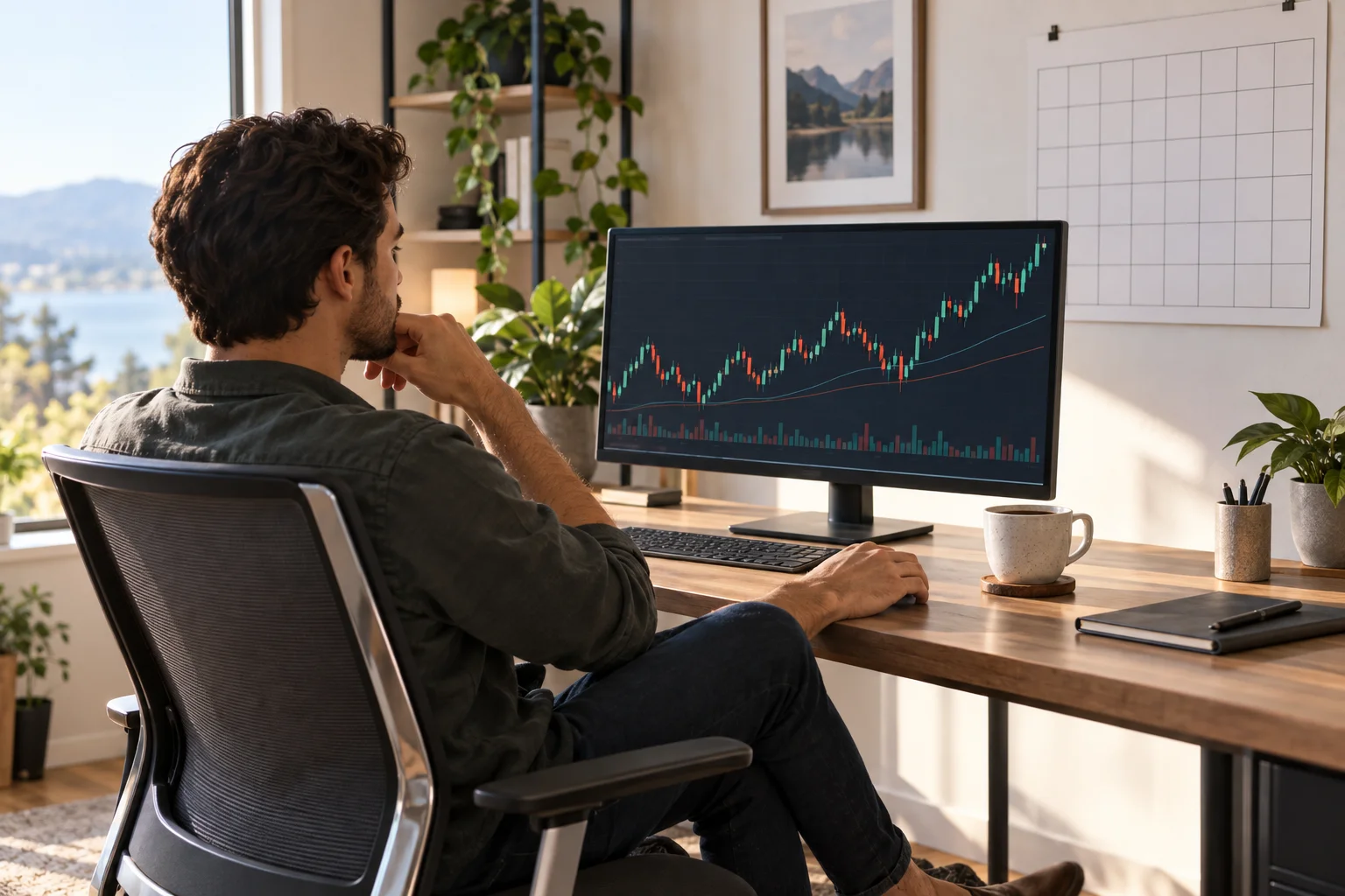 A trader calmly reviewing candlestick charts at a home-office desk, a blank calendar grid on the wall behind, illustrating a prop firm evaluation with no pass-by deadline