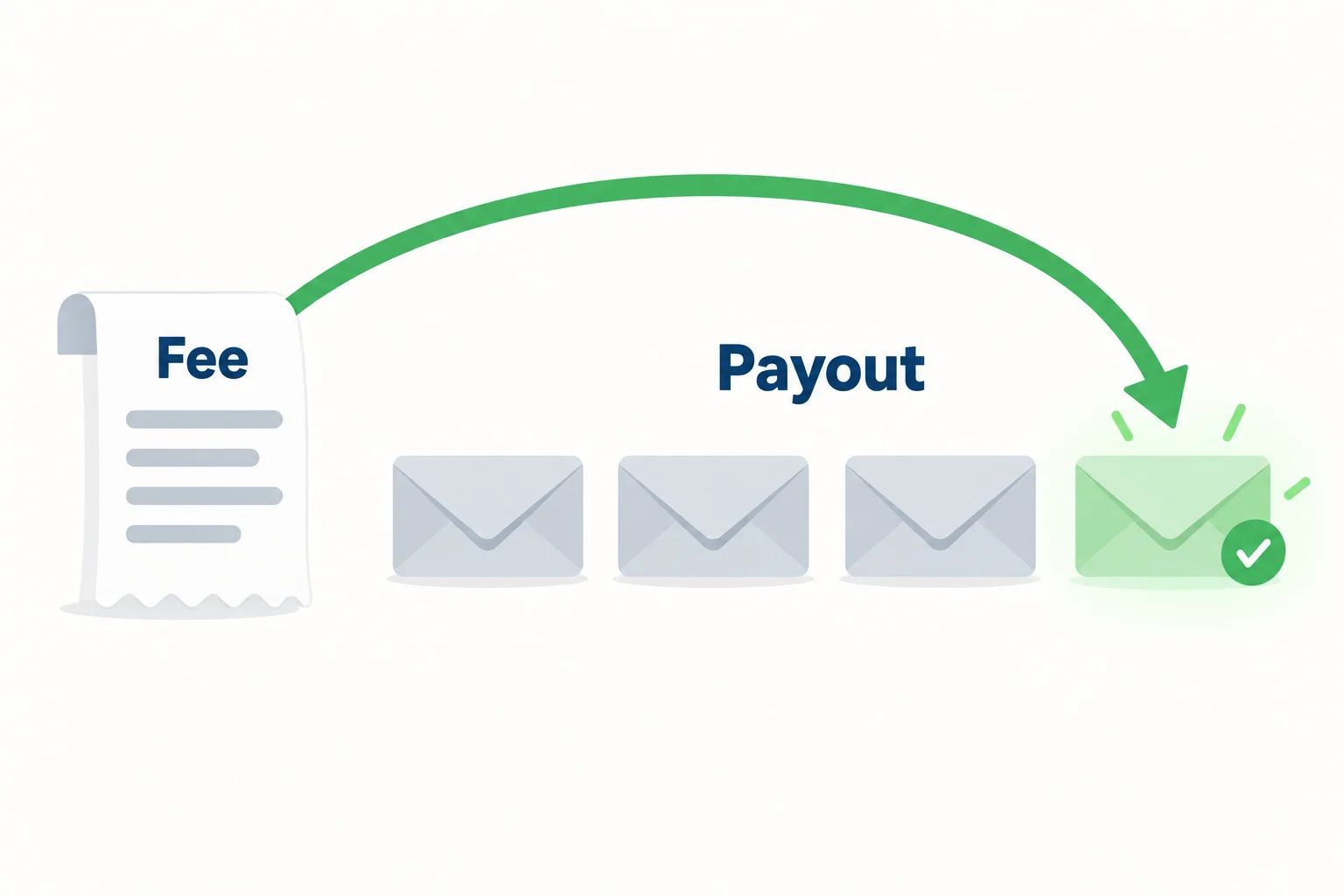 Prop firms with refundable fees explained: a challenge fee receipt with an arrow that lands on the fourth of four payout envelopes