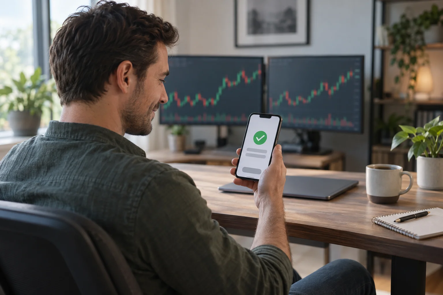 Prop firms with refundable fees: a trader at a home desk smiles at a payout confirmation on a phone