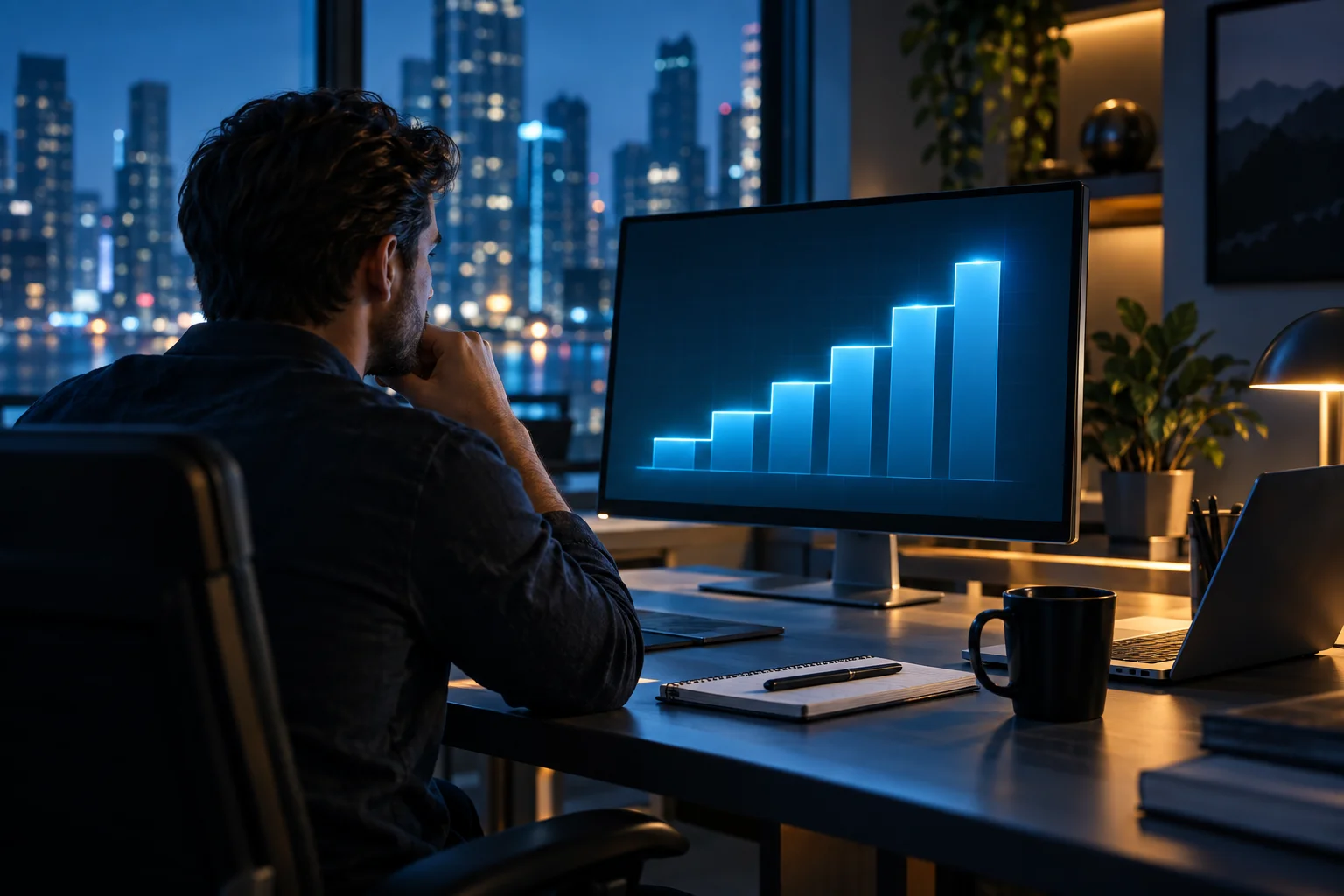 Best prop firms with scaling plans: a trader at a desk at night watching an account balance grow in steps on screen