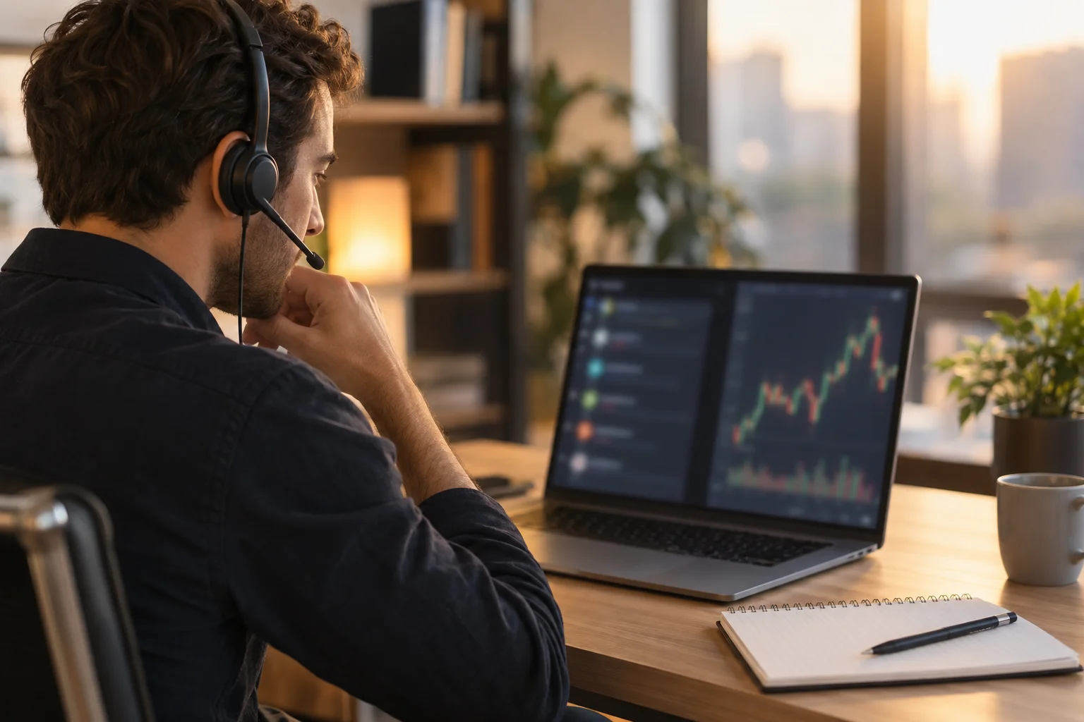 Best prop firms with the best customer support: a trader in a headset at a laptop with a support chat beside a candlestick chart