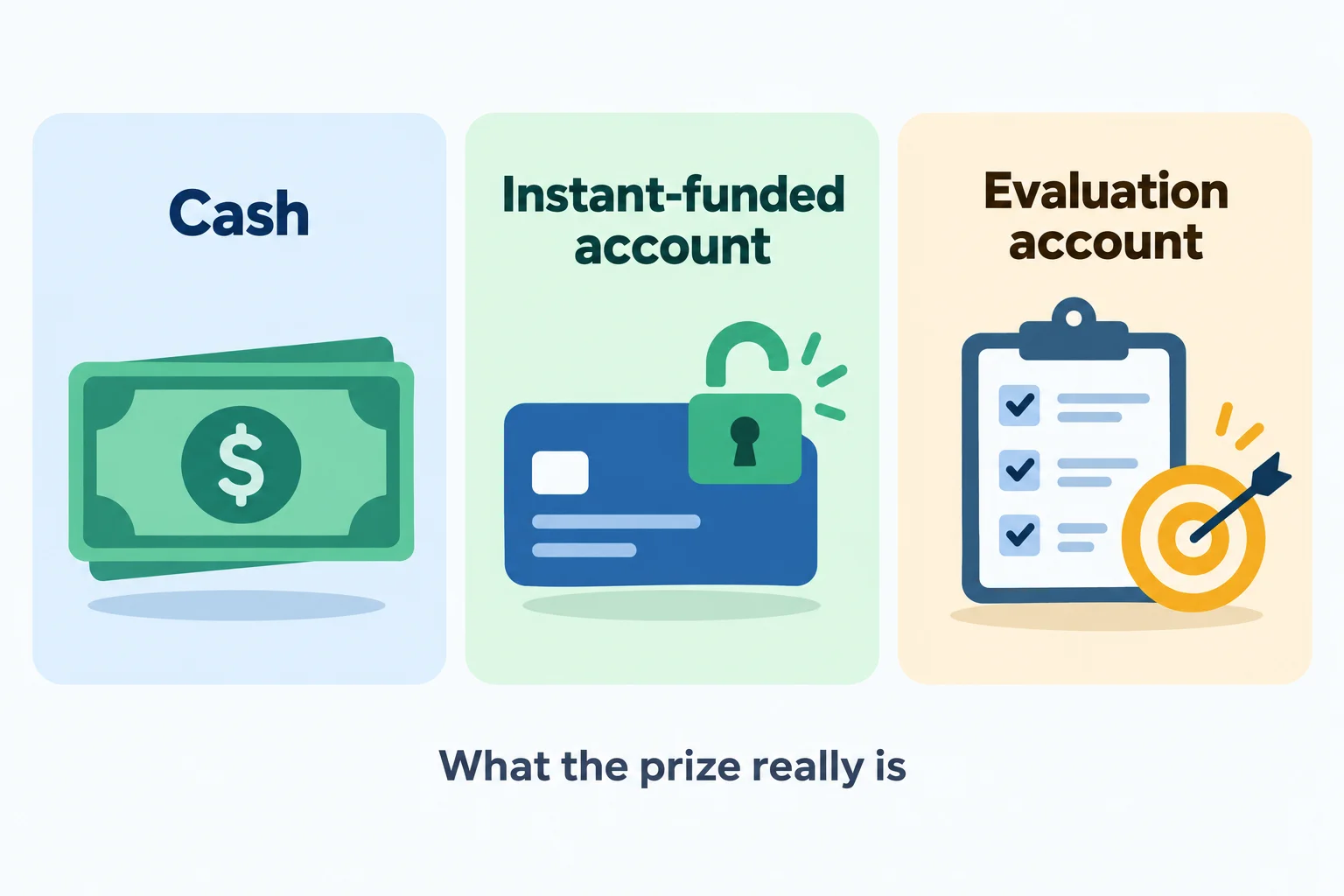 What winning a prop firm trading competition really gets you: a cash card, an unlocked instant-funded account, and an evaluation account checklist with a target