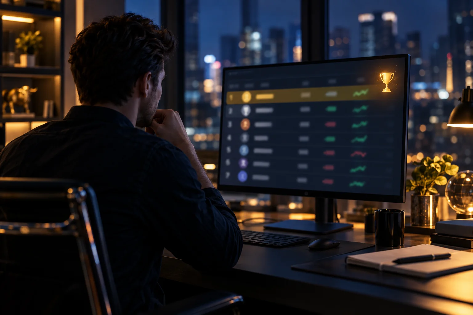 Best prop firms with trading competitions: a trader at a desk at night looking at a leaderboard with a trophy icon on screen
