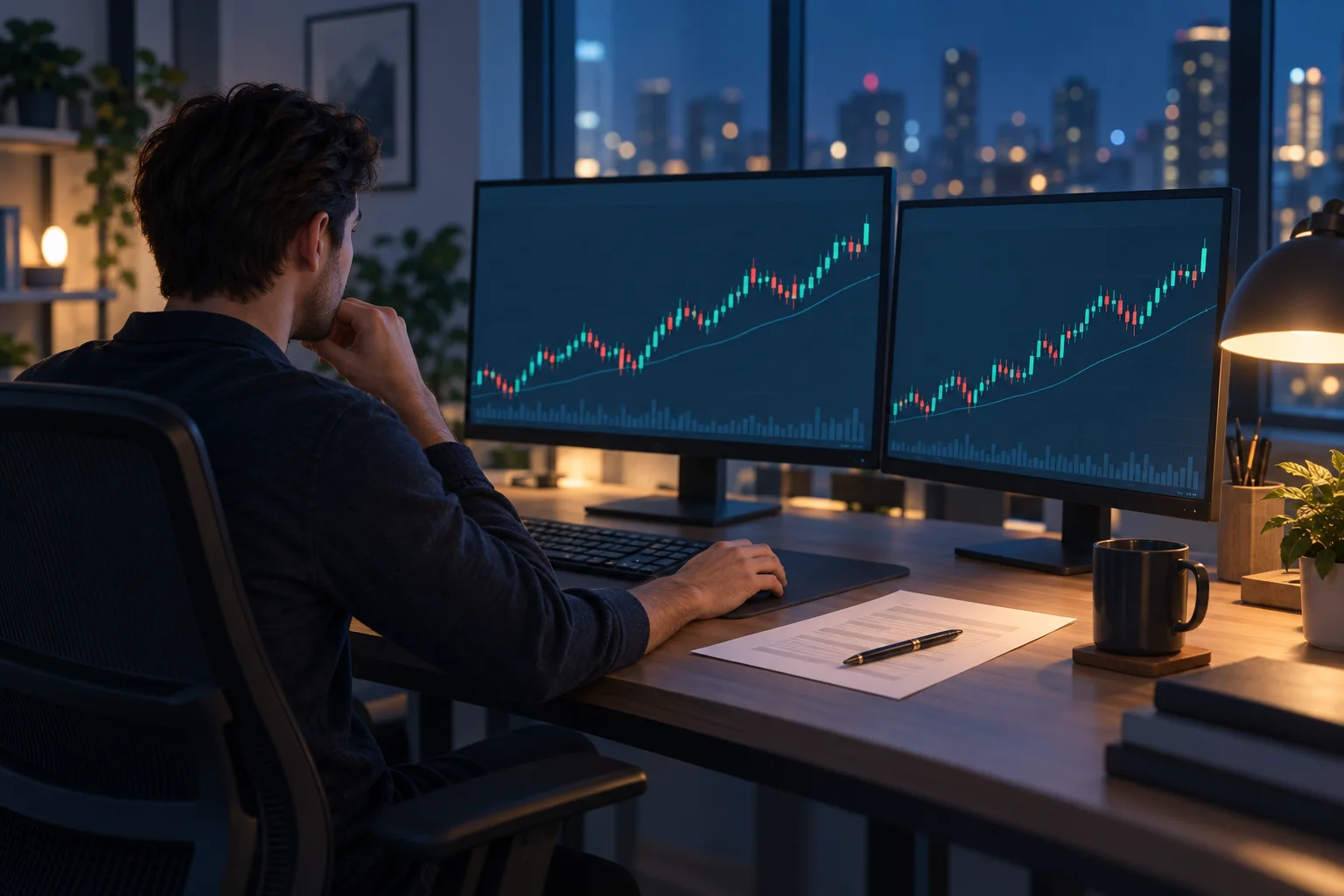 Best strategies for passing a prop firm challenge: a trader at a desk at night with a printed rules sheet beside the keyboard and a calm chart on screen