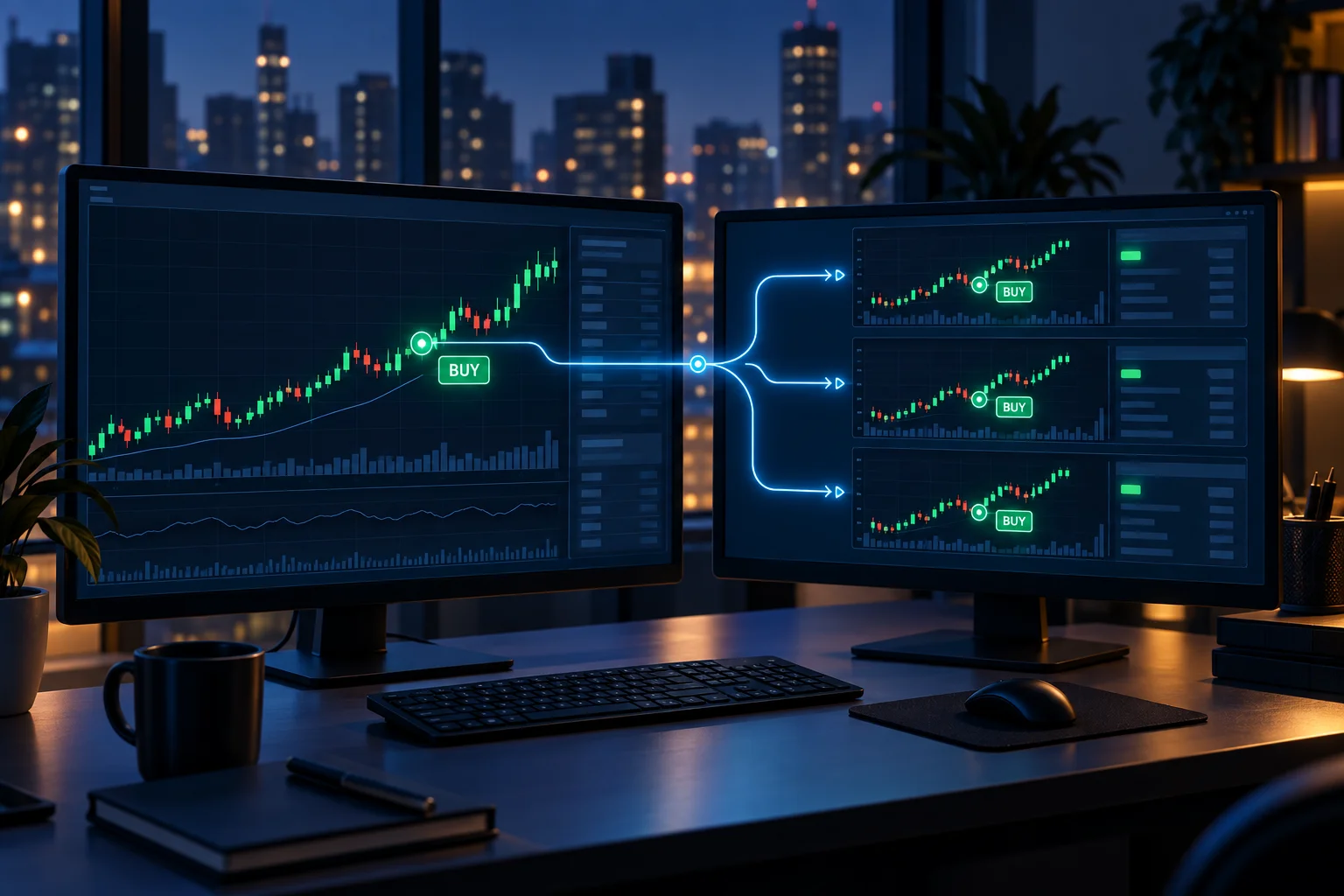Best trade copiers for prop firms: a leader trading account mirroring a trade to synced follower accounts on a dual-monitor desk