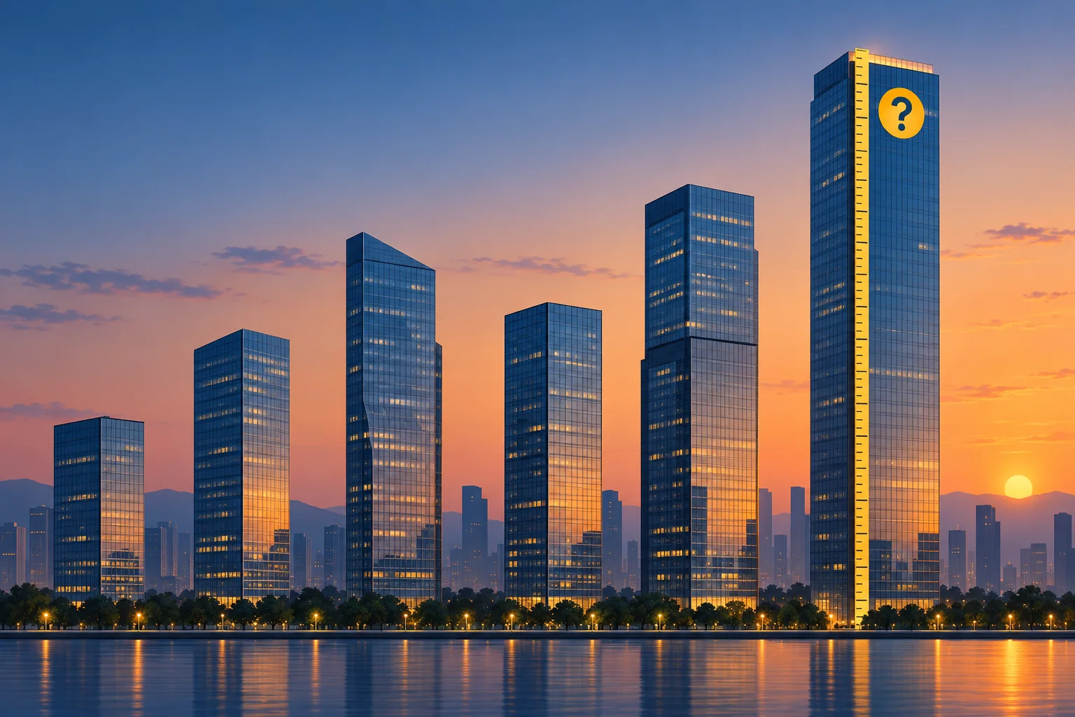 Biggest prop firms in the world shown as six office towers of different heights, a measuring tape up the tallest and a question-mark sticker