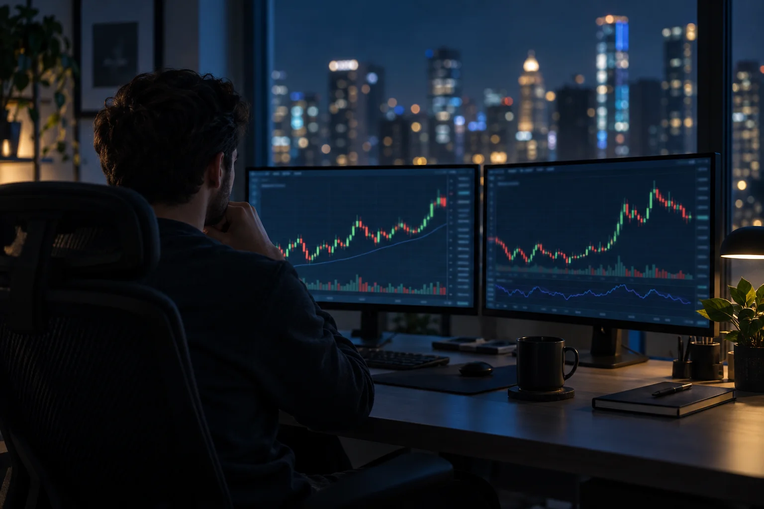 Cheapest crypto prop firms: a trader at a desk at night watching a crypto candlestick chart on two monitors