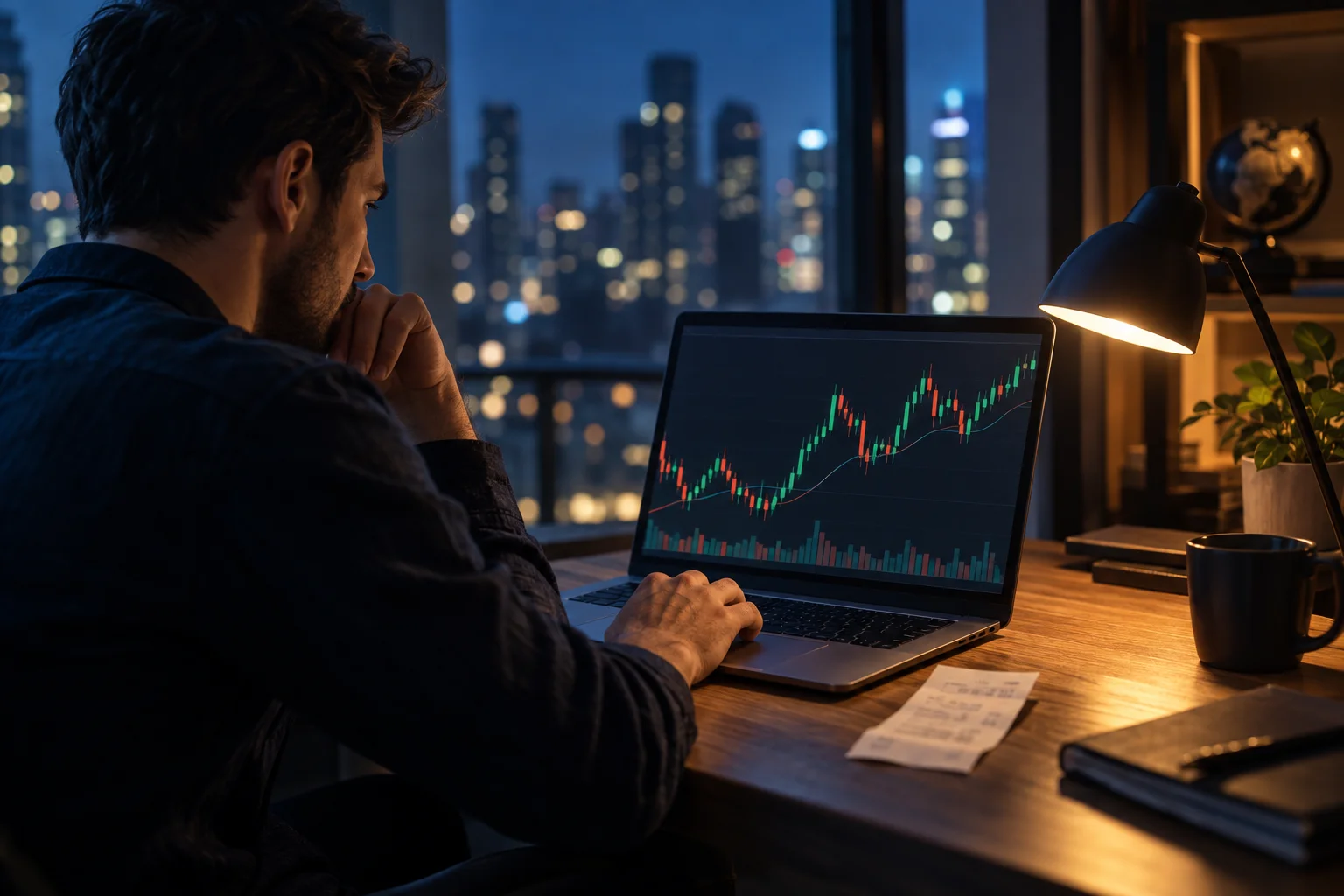 Cheapest forex prop firms guide: a forex trader at a laptop at night comparing currency-pair charts with a receipt beside the keyboard