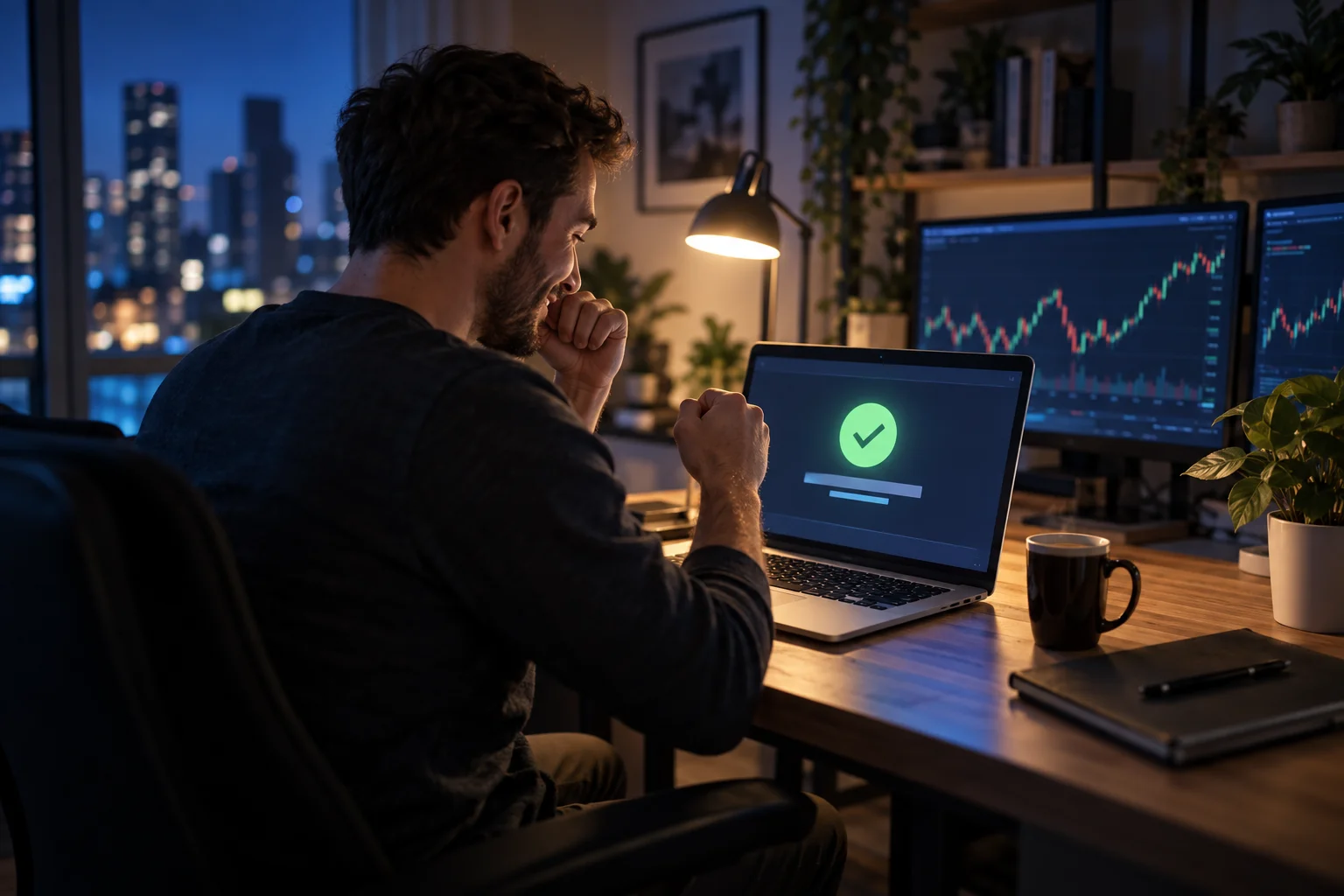 Easiest prop firms to pass: a trader at a home desk at night looking relieved at a passed evaluation message on a laptop screen