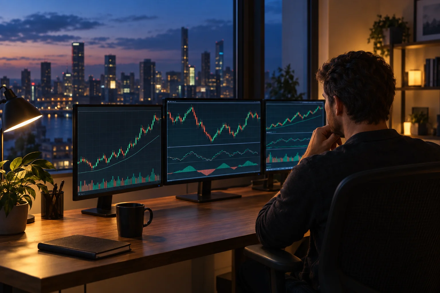 Best forex prop firms: a forex trader at a desk at dusk watching currency charts on three monitors
