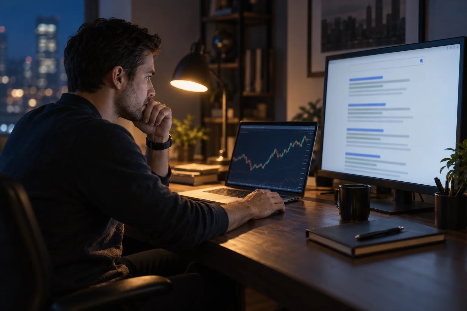 Most popular prop firms: a trader at a desk scrolling a blurred search results page at night