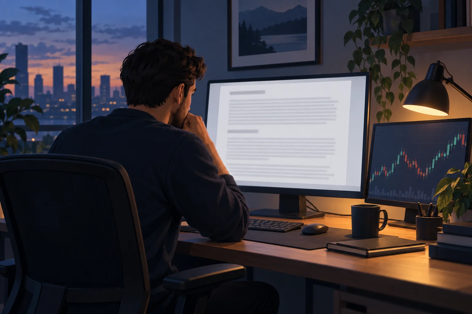 Prop firm account sharing rules: a trader at a desk reading a prop firm's terms of service before buying a challenge