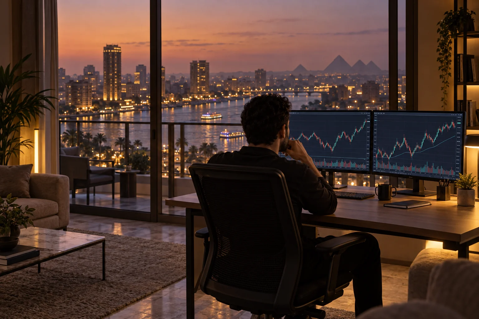 Best prop firms for traders in Egypt: a trader at a desk in a Cairo apartment at dusk, charts on two screens and the Nile and city lights outside