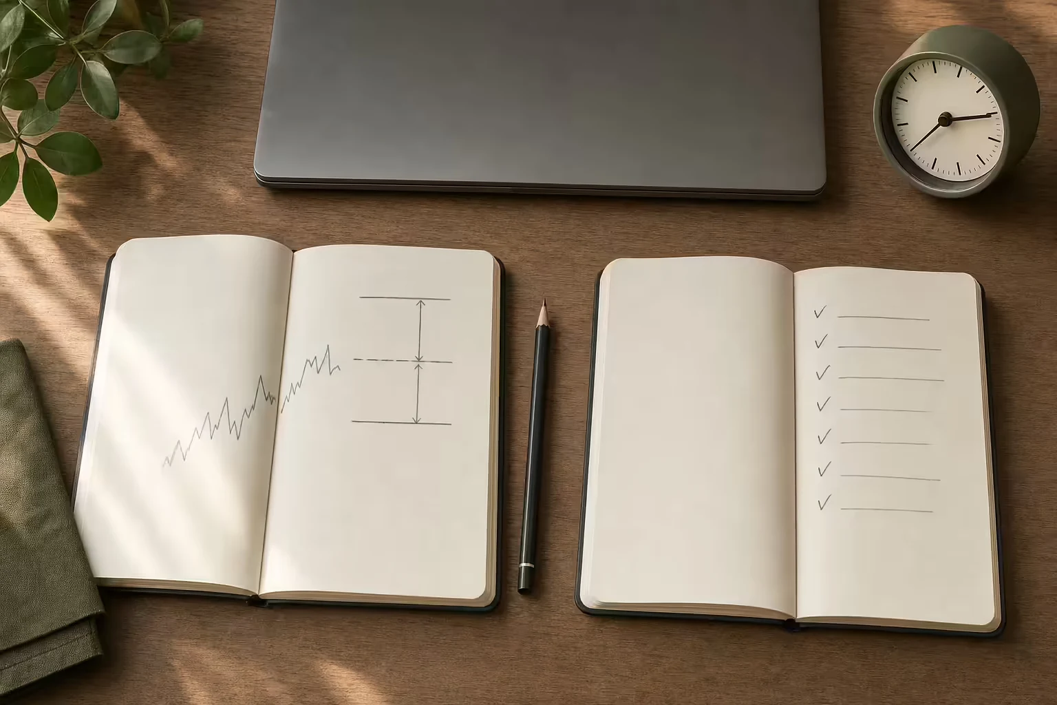 Open notebooks with an unlabeled range sketch and a checklist beside a pencil and clock.