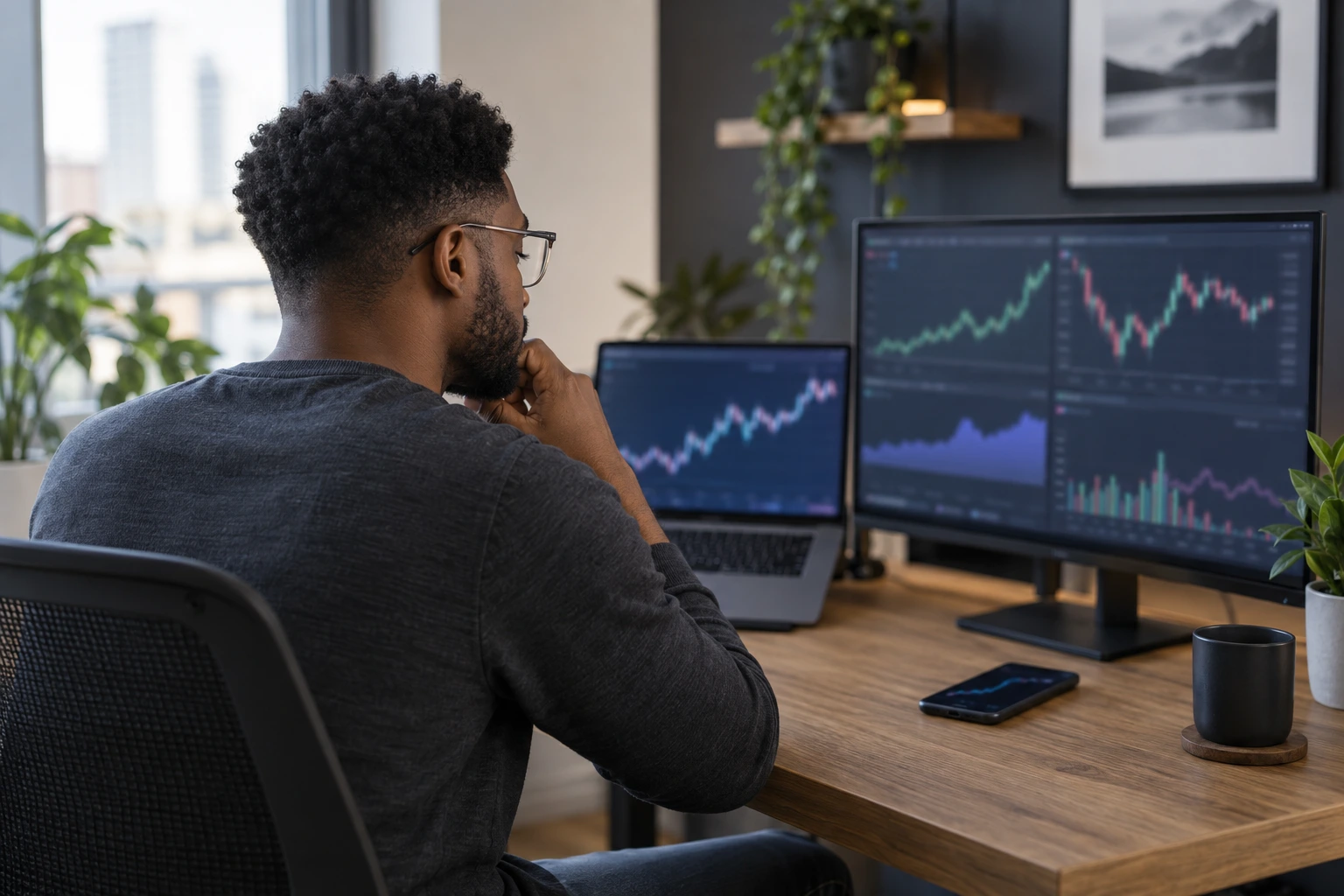 Young adult comparing market charts on a laptop and external monitor with a smartphone nearby